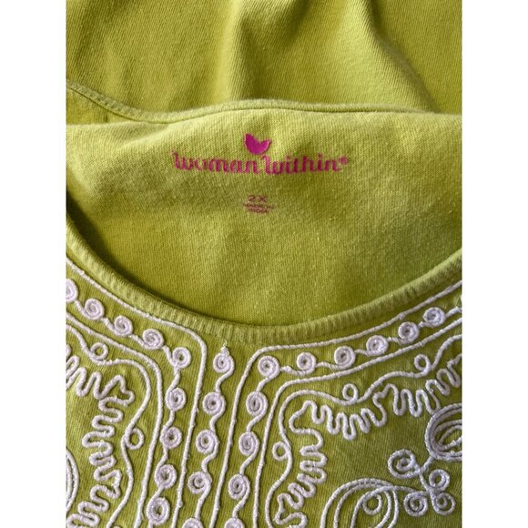 Woman Within Lime Green Embroidered 3/4 Sleeve Tunic Top Size 2X Boho Lagenlook - Picture 2 of 11